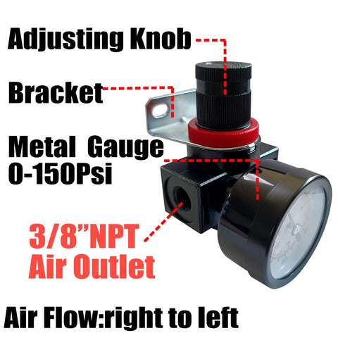 Three Eighth Inch NPT Air Pressure Regulator With Gauge 0 To 145 PSI For Compressor, High Flow 106 SCFM, bracket, adjusting knob