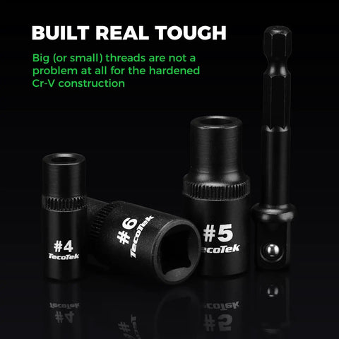 Close-up of 13 Piece Magnetic Tap Socket Set With 1/4 and 3/8 Inch Drive Square Sockets And Tap Handle on black background