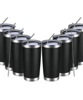 Eight Tough As Nails Twenty Ounce Double Wall Insulated Stainless Steel Tumblers With Secure Lids And Straws in black.