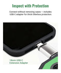 Close-up of a USB-C adapter connecting an S1 Thermal Camera For Android Turn Your Phone Into A Thermal Scout With 192x192 Super Resolution Imaging And 96x96 IR Clarity Ideal For Spotting Hotspots Cold Spots And Thermal Mapping Comes With Carrying Case And USB C Cable Not For iPhone to a smartphone with a protective case.