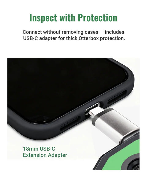 Close-up of a USB-C adapter connecting an S1 Thermal Camera For Android Turn Your Phone Into A Thermal Scout With 192x192 Super Resolution Imaging And 96x96 IR Clarity Ideal For Spotting Hotspots Cold Spots And Thermal Mapping Comes With Carrying Case And USB C Cable Not For iPhone to a smartphone with a protective case.