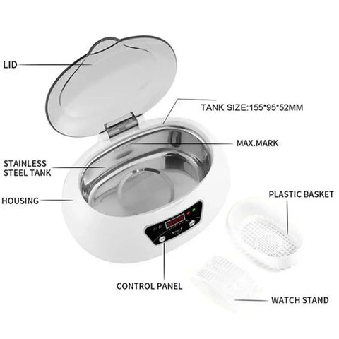 Top Rated Ultrasonic Cleaner Bath With Digital Timer shows open stainless steel tank, control panel, plastic basket, and watch stand.