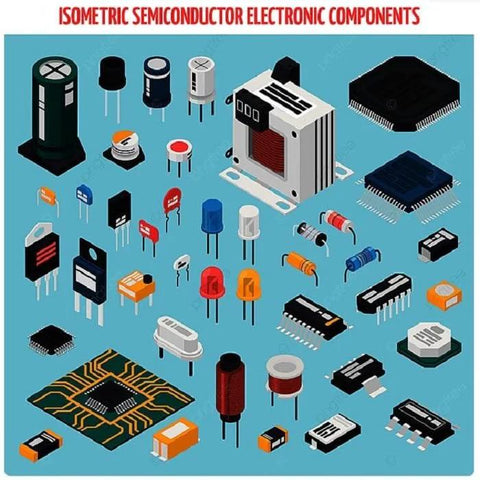 Isometric illustration of semiconductor electronic components (resistors, capacitors, LEDs, ICs) on blue background