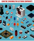 Various isometric electronic components including 10Pcs TO-3 Mica Insulation Pads And Silicone Sheets For TO-3 Transistor Heat Shield.
