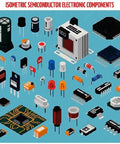 Electronic components illustration: isometric view with resistors, capacitors, ICs and PCBs on blue background.