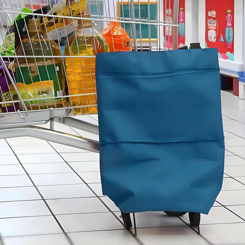 Collapsible Shopping Cart With 360 Degree Swivel Wheels For Travel And Home in lake blue beside a grocery cart, showing side view.