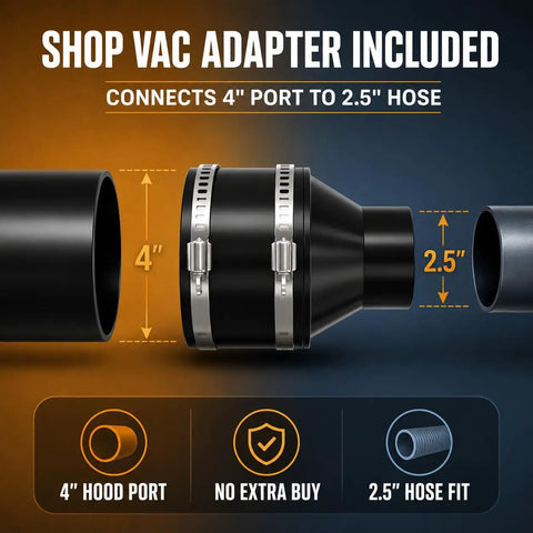 Shop vac adapter for Dust Collection Hood With Light For Miter Saws Universal Platform-Mount Design with 4" to 2.5" port connection.
