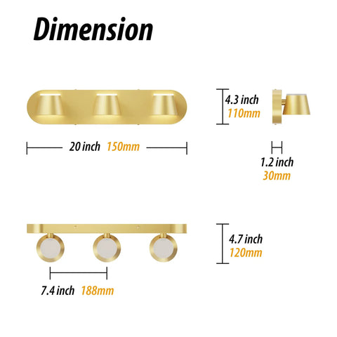 Dimensions of Three Light Matte Black LED Vanity Light With Up And Down Rotatable Heads Dimmable Bathroom Fixture 20 Inch Over Mirror Lighting