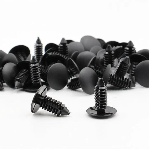 Close-up of 200 Pcs Black Plastic Push Clip Fasteners Set For 7mm Hole Size Universal Automotive Body Clips Fits Radiator Fender Bumper Panels Nylon