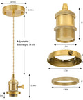 Slick Polished Brass Pendant Light Cord Kit With Heavy Duty Braided Textile Wire And Secure E26 Lamp Base dimensions and components.