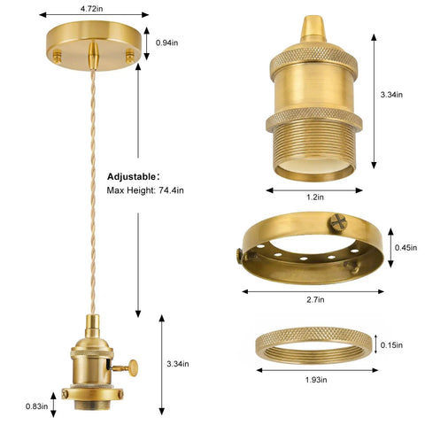 Slick Polished Brass Pendant Light Cord Kit With Heavy Duty Braided Textile Wire And Secure E26 Lamp Base dimensions and components.