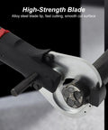 Close-up of Heavy Duty Electric Hydraulic Cable Cutter with LED Display, showing high-strength alloy blade cutting through rugged cable.