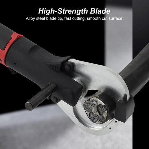 Close-up of Heavy Duty Electric Hydraulic Cable Cutter with LED Display, showing high-strength alloy blade cutting through rugged cable.