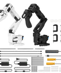 Top Tier AI Robot Arm Kit Open Source Six Axis Build With Twelve Heavy Duty Bus Servos Smart Vision Tracking and Hella Easy Plug Play Assembly For Rapid Testing And Solid Dev Progress, featuring black and white robotic arms.
