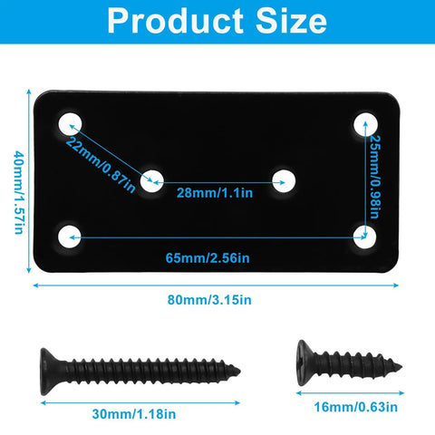 Diagram of Six Pack Mending Plates 1.57 by 3.15 Inch Black Stainless Steel Flat Brackets with measurements and black screws