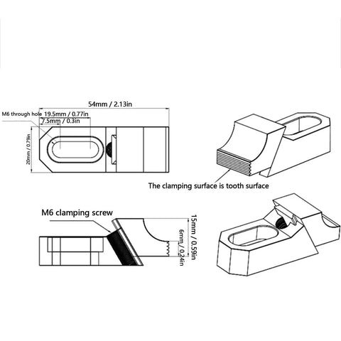 Premium Low Profile Side Clamp Vise Set dimensions, 54x20x15mm, M6 clamping screw, designed for secure workpiece holding in tight spaces.