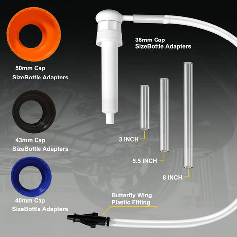 30cc Hand Fluid Transfer Pump For Gallon And Wide Mouth Bottles with adapters and tube measurement details