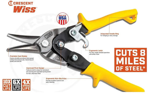 Nine And Three Quarters Inch MetalMaster Compound Action Aviation Snips Straight And Left Cut With Red Handles Precision Molybdenum Blades CNC Ground Edges And Serrations For Clean Cuts In Low Carbon Cold Rolled Steel Up To Eighteen Gauge