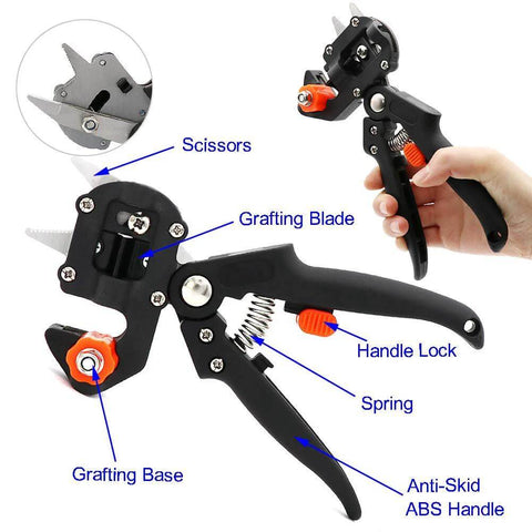 Front view of ZALALOVA 2-in-1 garden grafting tool with grafting blade and black ABS handle