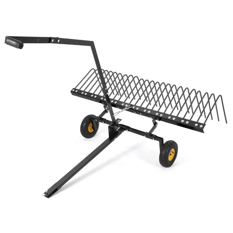60 Inch Tow Behind Landscape Rake for ATVs and Mowers, Beefy Steel Teeth Dethatcher and Pine Straw Rake with universal hitch
