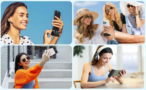 Woman using Two Pack Grab And Go Portable Charger With Built In USB C Cable, 5200 Mah Pocket Power Bank for iPhone outdoors.