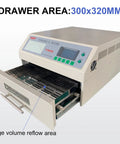 Pro Grade Automatic Infrared Reflow Soldering Oven For PCB Chips And Aluminum Substrates 1500W T962A Infrared IC Heater With Auto Preheat Soak Reflow Cool Down Large 11.81 X 12.59 Inch Welding Area For Easy Soldering, 300x320mm drawer open