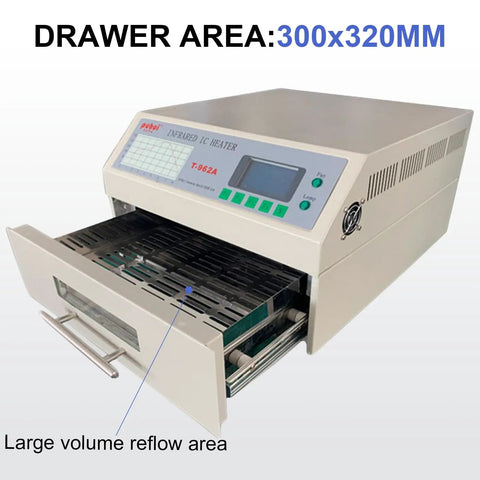 Pro Grade Automatic Infrared Reflow Soldering Oven For PCB Chips And Aluminum Substrates 1500W T962A Infrared IC Heater With Auto Preheat Soak Reflow Cool Down Large 11.81 X 12.59 Inch Welding Area For Easy Soldering, 300x320mm drawer open