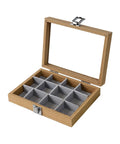 Premium Solid Wood Stackable Jewelry Tray Featuring 12 Grids For Earrings And Trinkets Pro Grade Display Organizer Box with lid open.