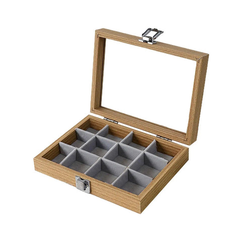 Premium Solid Wood Stackable Jewelry Tray Featuring 12 Grids For Earrings And Trinkets Pro Grade Display Organizer Box with lid open.