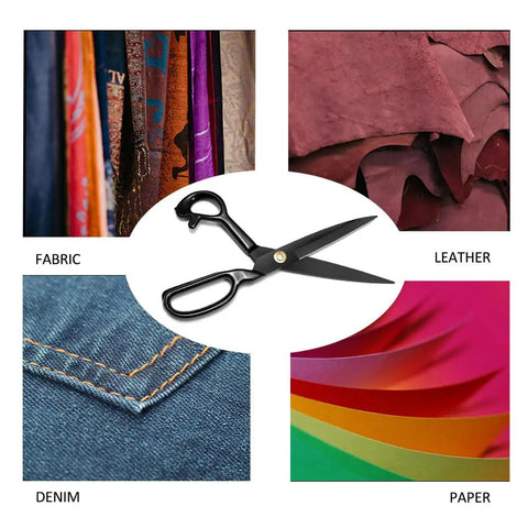 9 Inch Heavy Duty Fabric Sewing Scissors Tailor Shears For Pros Premium High Carbon Steel Blades With Ergonomic Comfort Grip For Precise Cutting Of Garments Quilting And Craft Projects. Black fabric scissors shown for fabric, leather, denim, and paper