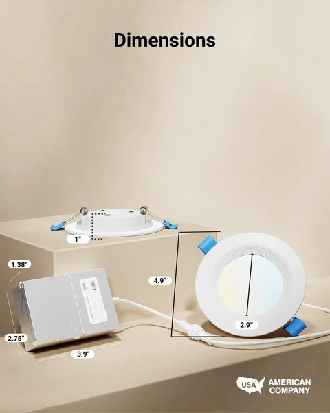 Dimensions of 24 Pack 4 Inch LED Recessed Downlights With Junction Box - Canless Slim Ceiling Lights, Dimmable 850 Lumens.