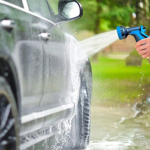 Deionized Inline Water Filter For Streak Free Car Wash And Yard Jobs Three Quarter Inch Quick Attach Fittings With Tds Meter Adjustable Trigger Sprayer And Stretchable Garden Hose Right Dry Every Time, used to spray water on a car.