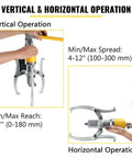 Hydraulic Gear Bearing Puller Set Five To Twenty Tons illustrating vertical and horizontal operation with spread and reach details.