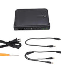 Mini UPS Backup Power Supply For Routers Modems And Security Cameras With 36W US Plug Portable Battery and included cables.