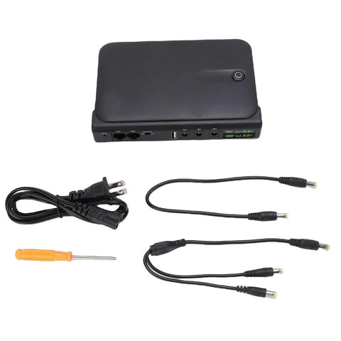 Mini UPS Backup Power Supply For Routers Modems And Security Cameras With 36W US Plug Portable Battery and included cables.