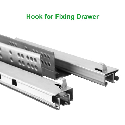 Close-up of undermount soft close drawer slide set for frameless cabinets, metal construction, with fixing hooks visible.