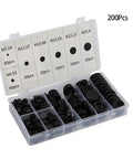 200 Piece Rubber Grommets Assortment Kit With 7 Size Options For Easy Wire Pass-Through In Metal Panels And Frames Includes 14mm, 9.53mm, 12.07mm, 15.88mm, 19.05mm, 22.23mm, 25.40mm Grommets For DIY Auto Electrical And Home Projects. Open case with black rubber grommets, 200pcs