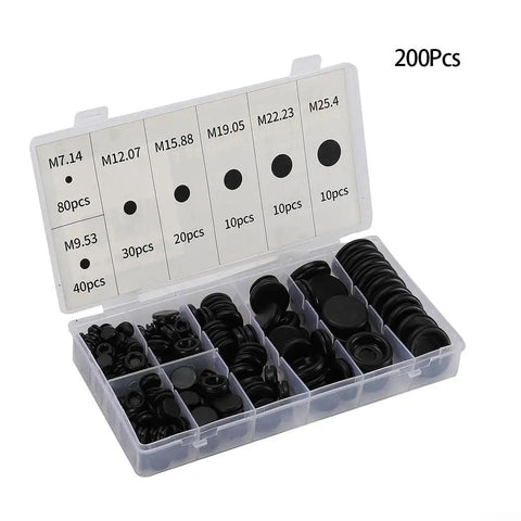 200 Piece Rubber Grommets Assortment Kit With 7 Size Options For Easy Wire Pass-Through In Metal Panels And Frames Includes 14mm, 9.53mm, 12.07mm, 15.88mm, 19.05mm, 22.23mm, 25.40mm Grommets For DIY Auto Electrical And Home Projects. Open case with black rubber grommets, 200pcs