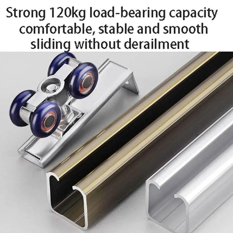 Close-up of Heavy Duty Sliding Door Track Kit With Aluminum Alloy Double Track Rails And Roller Set, supports up to 120 kg