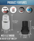 Product features of Heavy Duty M12x1.5 Closed End Bulge Lug Lock Nuts with Dual Hex Key, diagram and dimensions displayed, 60 degree seat.