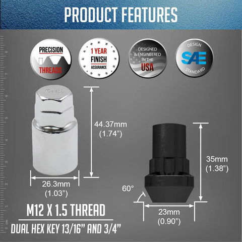 Product features of Heavy Duty M12x1.5 Closed End Bulge Lug Lock Nuts with Dual Hex Key, diagram and dimensions displayed, 60 degree seat.