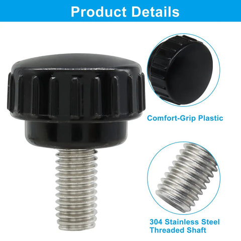 Built Tough M8 X 16mm Knurled Thumb Screws 4 Piece Set Crafted From Solid 304 Stainless Steel With Precision Threads. Close-up of black knurled thumb screw.