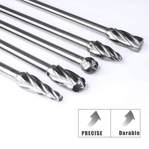 Five Piece One Quarter Inch Aluma Cut Carbide Burr Set With Four Point Four Inch Shank, Pro Grade Single Cut Tungsten Rotary Burrs