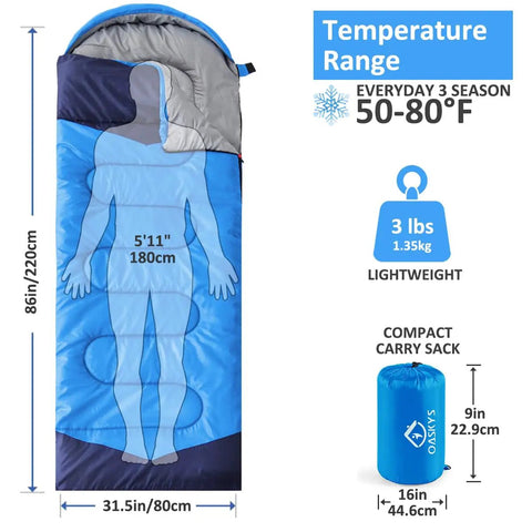 Dimensions and features of Three Season Camping Sleeping Bag For Adults And Kids Lightweight Weather Resistant Waterproof