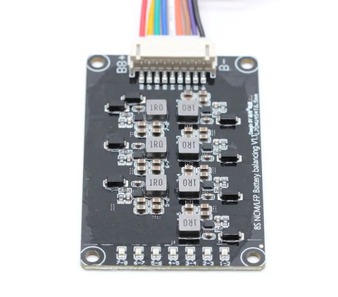 Close-up of 8S 24V 25.6V LiFePO4 Battery BMS Active Balancer Board 1.2A with multiple components for electric skateboard use.