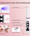 Diagram showing a cordless electric resin drill with UV light, highlighting 5-speed adjustment, control buttons, and wireless use.