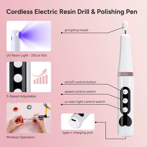 Diagram showing a cordless electric resin drill with UV light, highlighting 5-speed adjustment, control buttons, and wireless use.