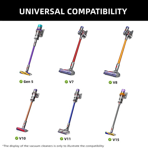 Dyson vacuum models Gen 5, V7, V8, V10, V11, V15 showing compatibility with Ultra Flexible 22 Inch Long Crevice Tool