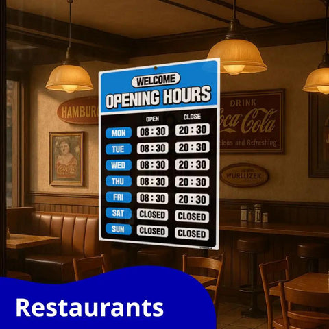 Blue PET Business Hours Sign Kit For Store Glass Door With Number Stickers And Double Sided Tape 7.9 By 11.9 Inches Easy Install