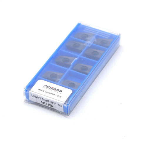 Blue plastic storage case with 10 FomaSP APMT1604PDER-M2 carbide inserts for CNC milling